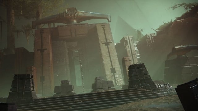 A screenshot of the immense Darkness-infused swamp from the Vow of the Disciple raid in Destiny 2.