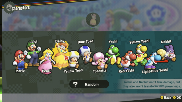 Character selection screen in Super Mario Bros Wonder explaining that Yoshi and Nabbit can't transform with power-ups