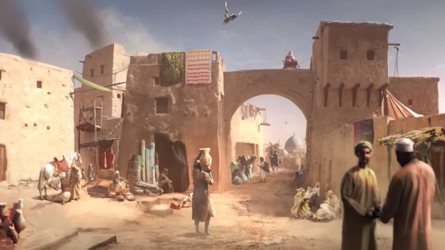 Artwork shows an Assassin's Creed Mirage Baghdad, with Harbiyah here as the focus.