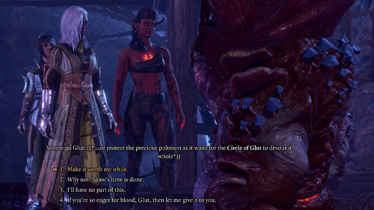 Glut gives you a few options in Baldur's Gate 3, but pick "Spaw's time is done" if you're taking the evil route.