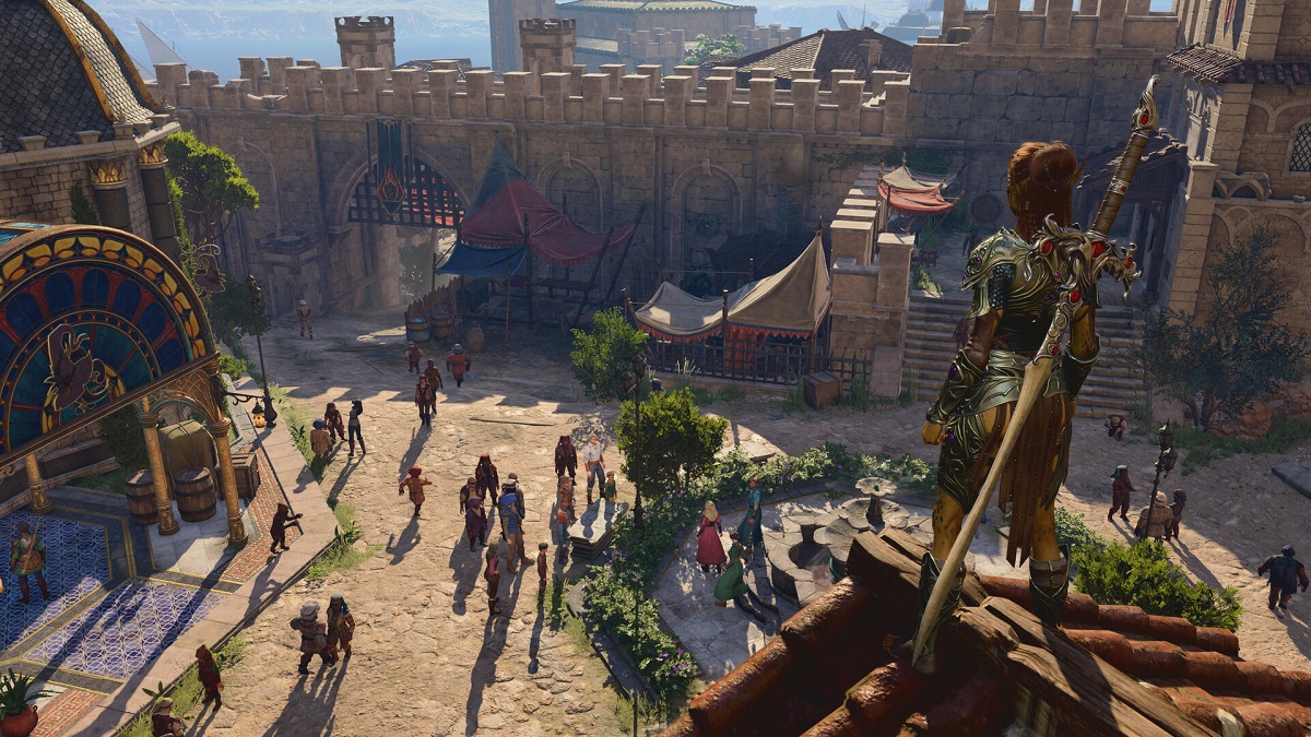 Baldur's Gate 3: a woman looking down at a city.