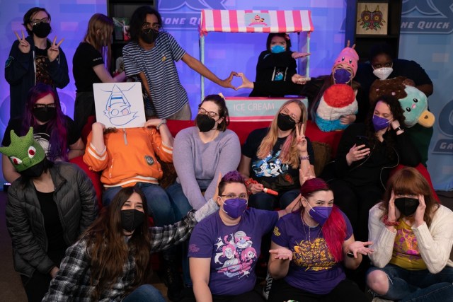 Games Done Quick: a photo of some of the streamers for the Flames Fatales event, all wearing masks.
