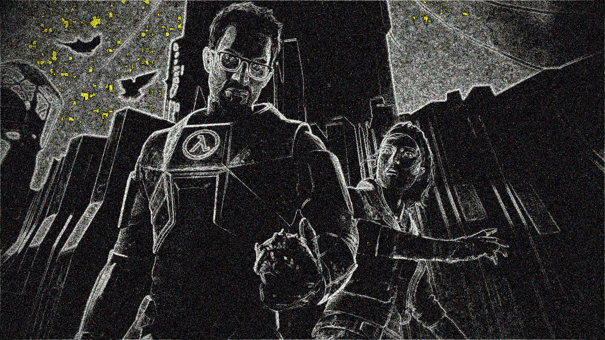 Half-Life 2: A black and white, horror-esque image of Gordon Freeman and Alyx Vance.