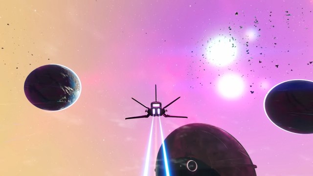 No Man's Sky: a spaceship flying through a beautifully bright bit of space.