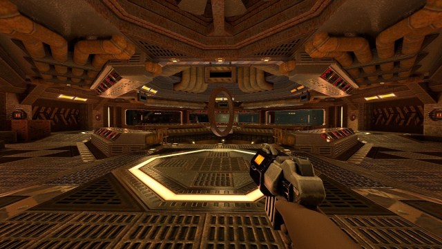 Quake 2: an interior hub world with doors on either side.