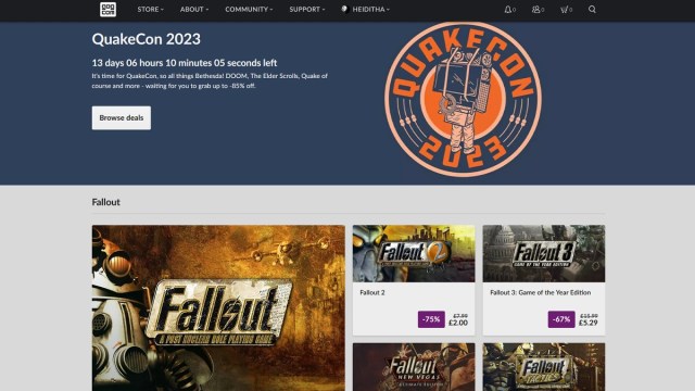 Screenshot from GOG.com showing the QuakeCon 2023 sale event.