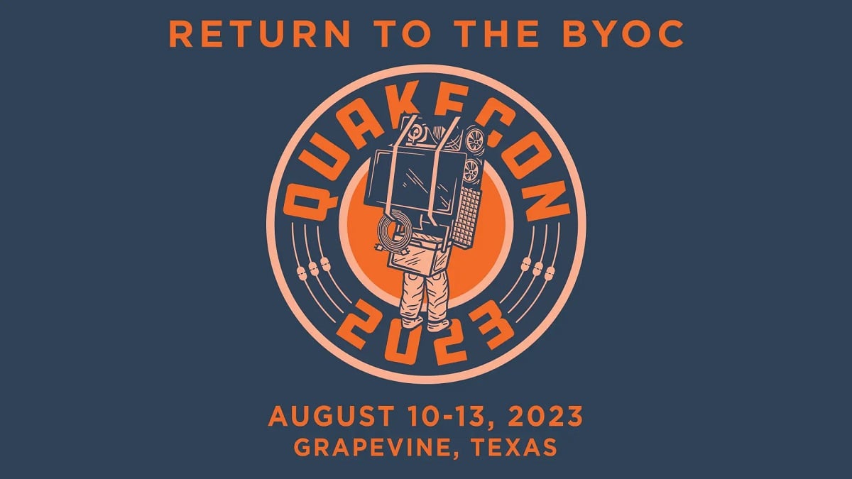 The QuakeCon 2023 logo on a gray-blue background.