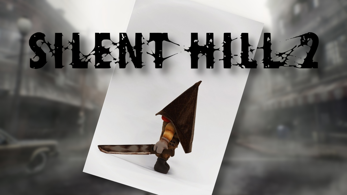 A Pyramid Head plush with the Silent Hill 2 logo above it.