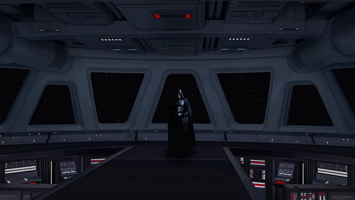 Star Wars Dark Forces: Darth Vader standing in the distance, looking moody.