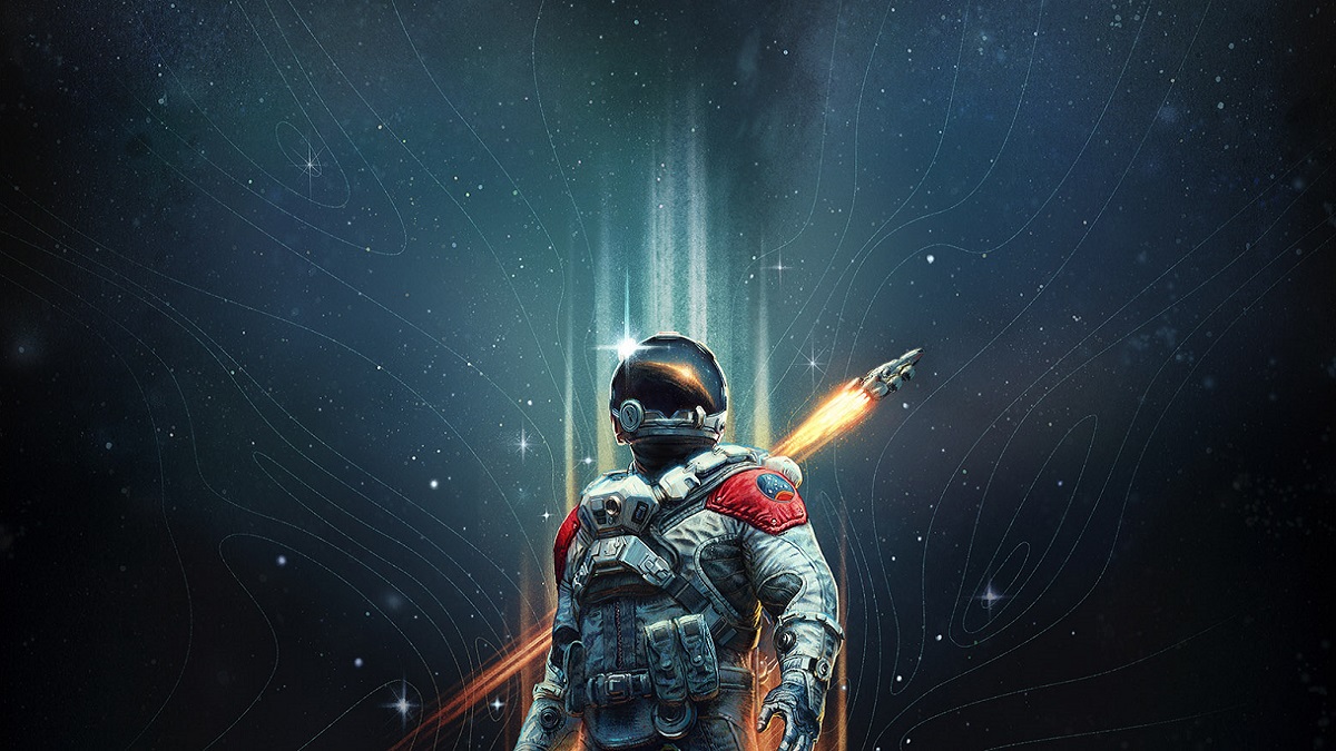 Starfield: A rocket flying off into the distance behind an astronaut.