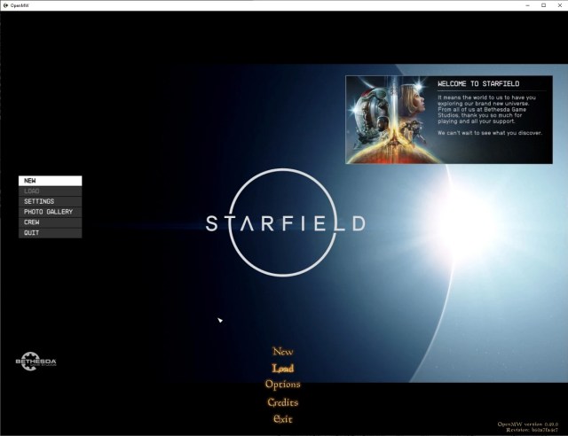 Screenshot von Morrowind, der stattdessen das Starfield-Hauptmenü zeigt.