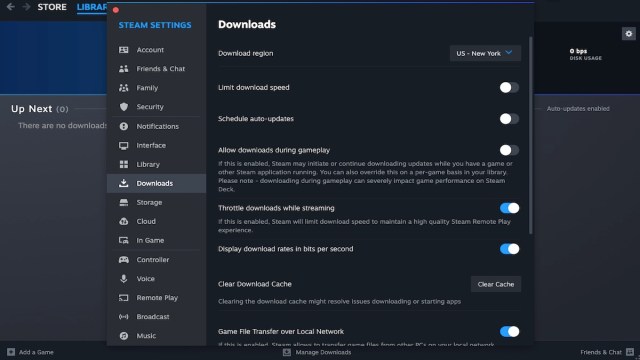 Настройки загрузки Steam