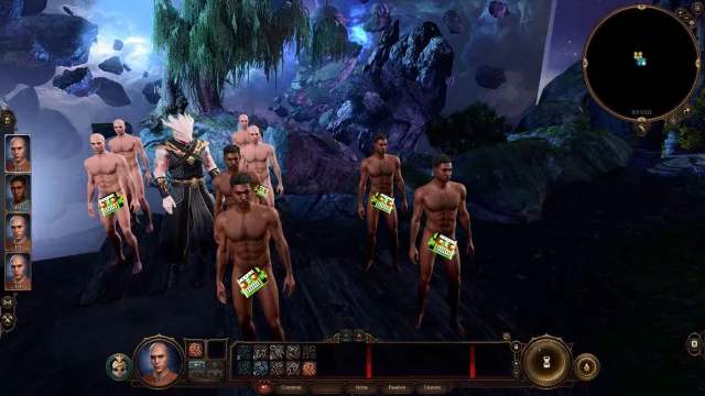 This BG3 glitch shows the Dark Urge surrounded by eight character models who all look the same, but with no clothes. 
