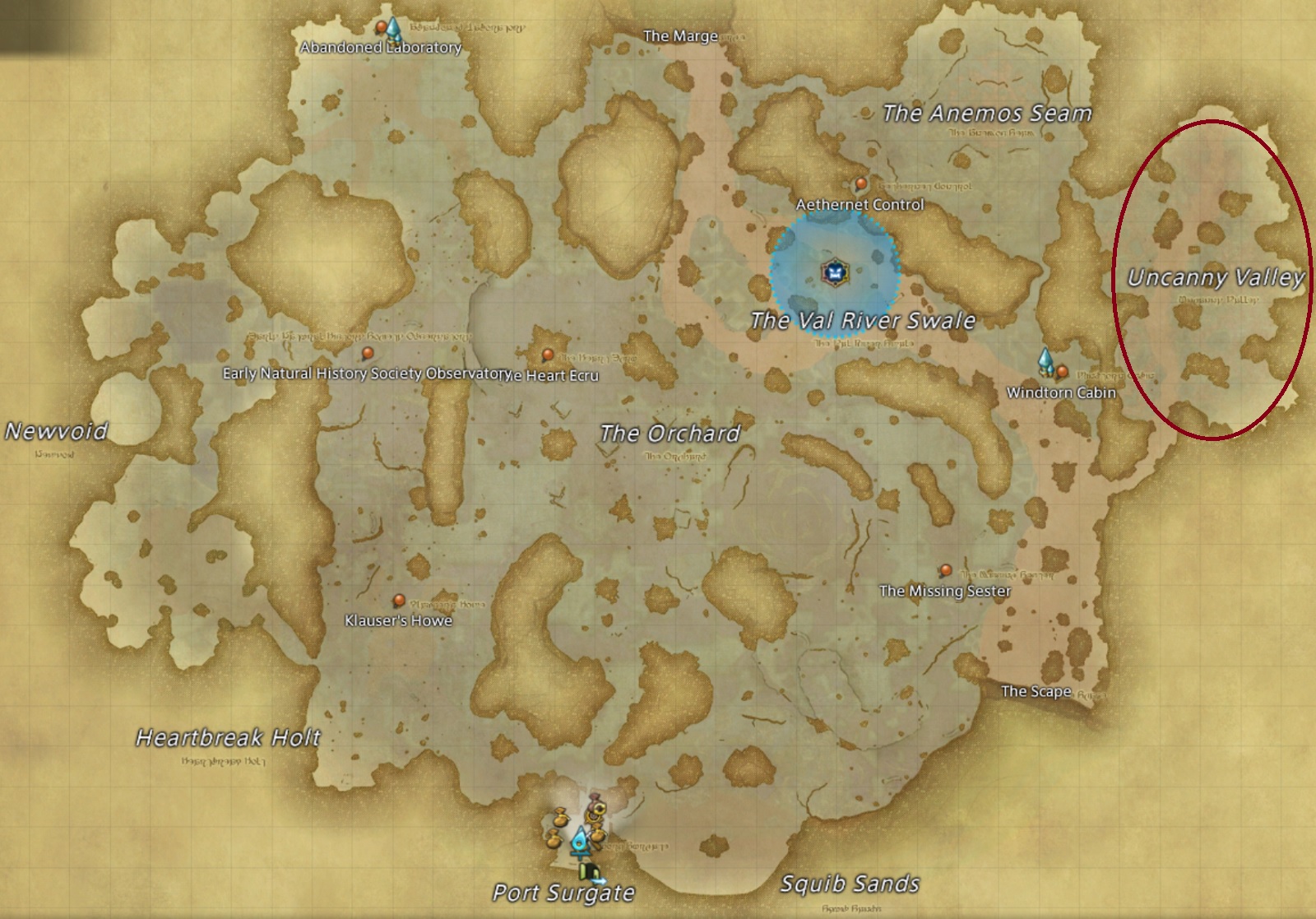 The FFXIV Fafnir Notorious Monster map shows Uncanny Valley, circled in the northeast. Here, you can get the Wind-up Fafnir minion. 