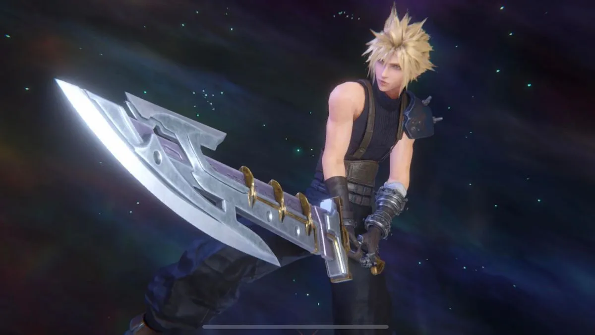 Cloud showing off a sword after doing the reroll process in Final Fantasy 7 Ever Crisis