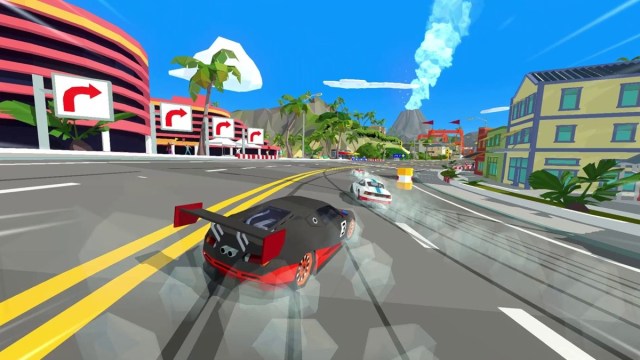 A gameplay screenshot of a faux-Bugatti driving in Hotshot Racing.