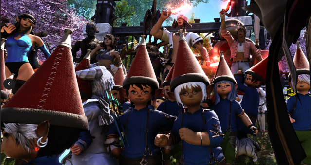 LunarCon FFXIV - 2023: Lalafell players outside of a party in Gridania