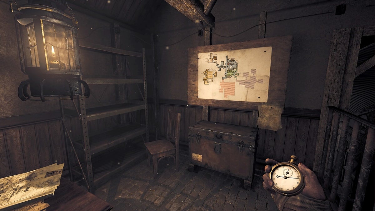 Amnesia The Bunker: the player in the titular bunker, holding a watch.