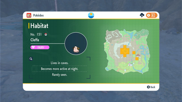 Скриншот среды обитания Клеффы в покедексе Pokémon Scarlet и Violet Kitakami.