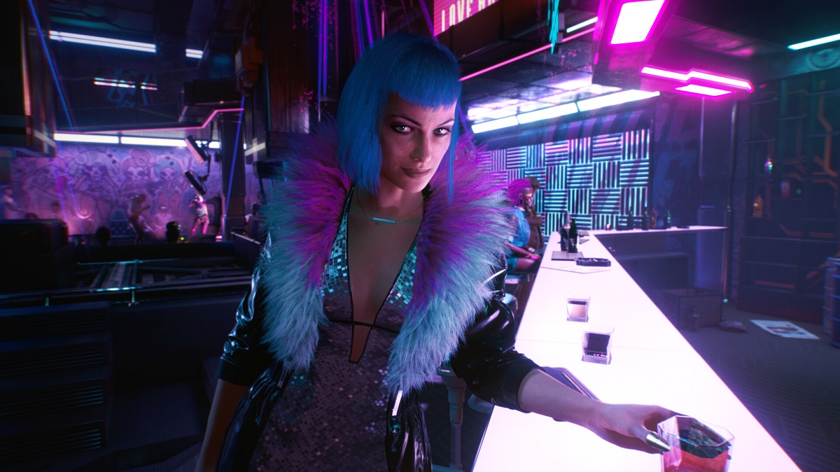 Cyberpunk 2077: a woman with blue hair standing at a bar.