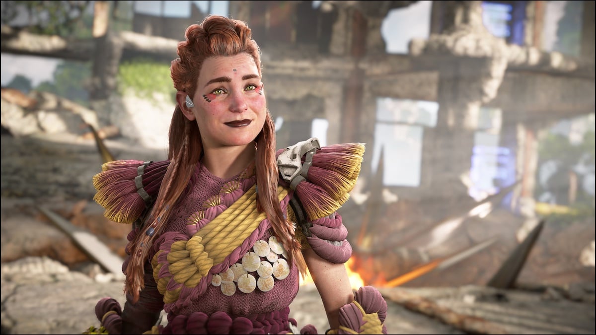 Aloy wearing a pink outfit in Horizon Forbidden West.