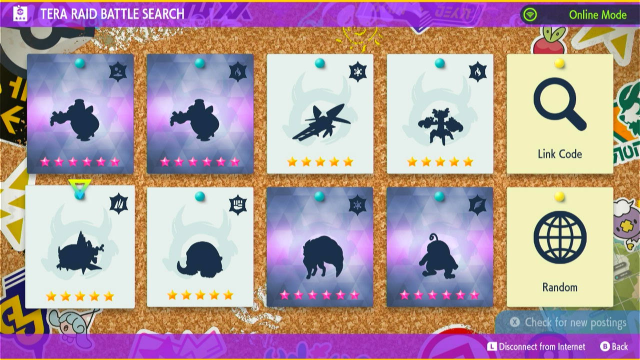 Скриншот окна Pokémon Scarlet и Violet Tera Raid, показывающий восемь покемонов, доступных для сражения в сетевых Tera Raids.