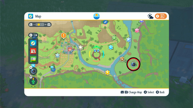 A screenshot of the Kitakami map in Pokémon Scarlet and Violet Teal Mask showing the location of the Syrupy Apple tent