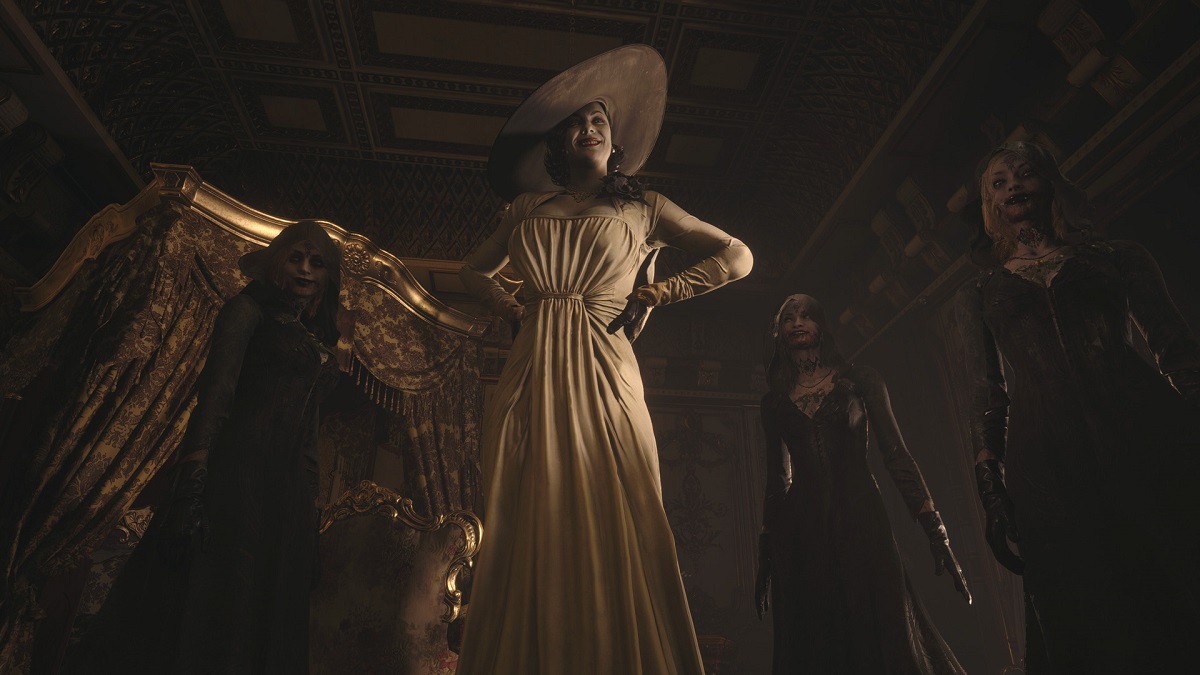 Resident Evil Village: Lady Dimitrescu and her sisters towering over the player.