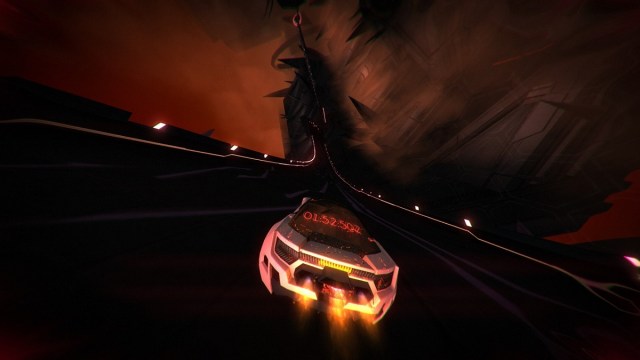 An ominous screenshot from Distance, with a timer counting down on the vehicle's back window.