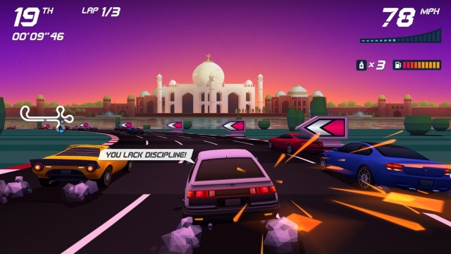 Horizon Chase Turbo race screenshot, with drivers arguing over their qualities.