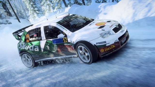 A rally Škoda car from Dirt Rally 2.0, driving on snow.