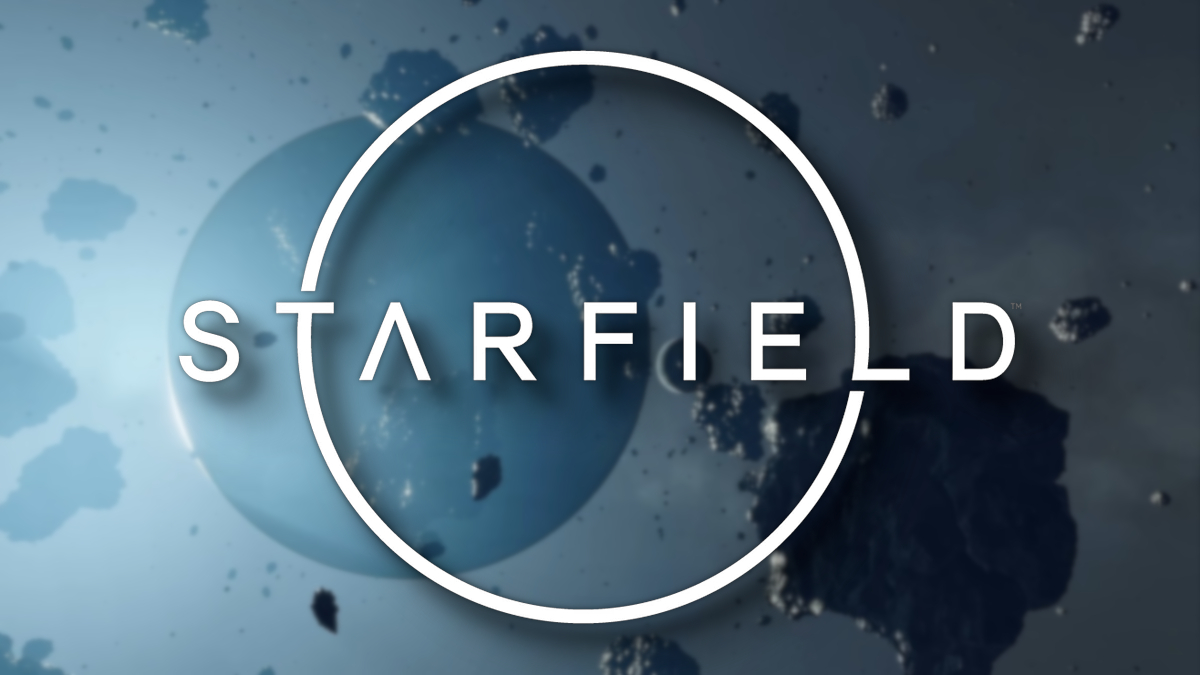 The Starfield logo with some asteroids in the background.