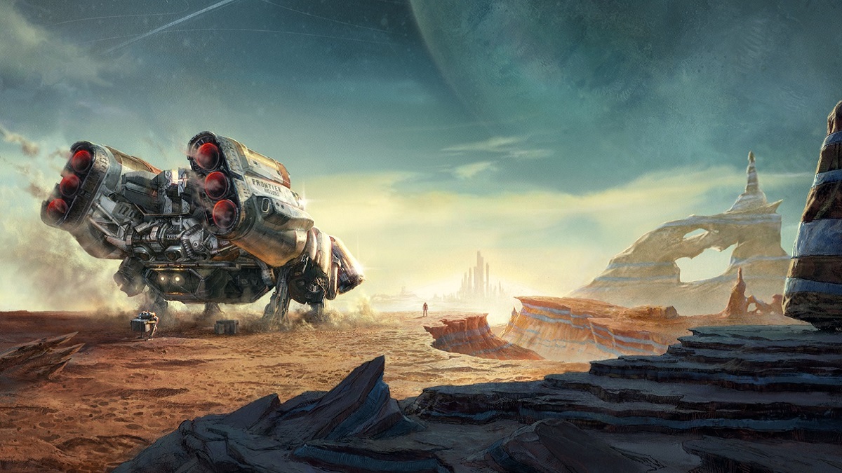 Starfield: Concept art showing a spaceship landed on a sandy planet.