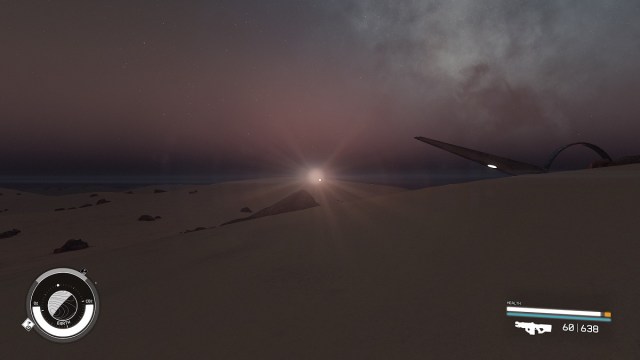 Starfield: The sun beginning to rise on Earth's horizon.