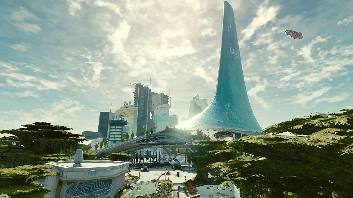 Starfield: the city of New Atlantis bathed in sunlight.