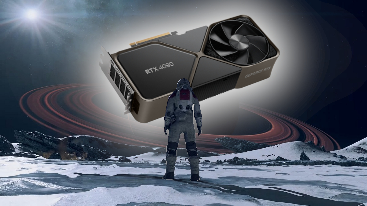 Image from Starfield showing an astronaut looking up at a giant Nvidia RTX graphics card.