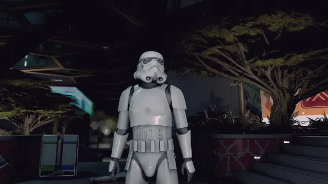 Starfield: a lone Stormtrooper stood under a tree in New Atlantis at night.