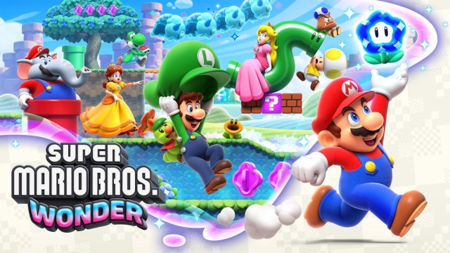 Arte promocional de Super Mario Bros. Wonder que muestra a Mario corriendo con una Flor Maravilla en la mano, seguido por sus amigos.