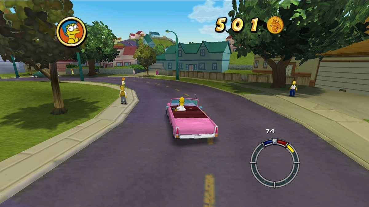 Simpsons Hit and Run: Homer driving in his pink car across Springfield.