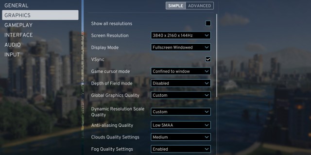 The Cities Skylines 2 settings menu, along with some of the options changed so you can get the best performance after poor optimization experiences in the city-builder.