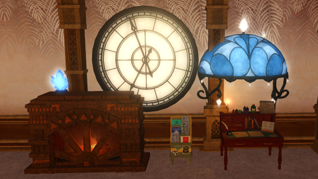 The FFXIV Housing items: Colossal Chronometer Window, Classic Secretaire, Fern Interior Wall, Greige Carpet, Cluster Lamp, and Classic Secretaire