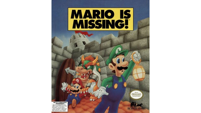 Mario is Missing is a Mario game where Mario is not the protagonist. Box art for ms dos original. Bowser dragging Mario in while Luigi looks the other way. Original pc version.