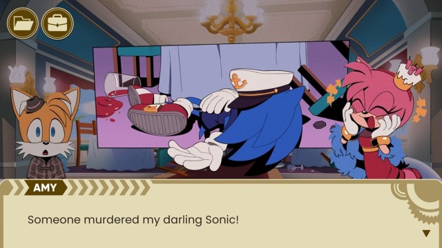 Sonic the Hedgehog lying dead as part of a major The Murder of Sonic the Hedgehog game scene.