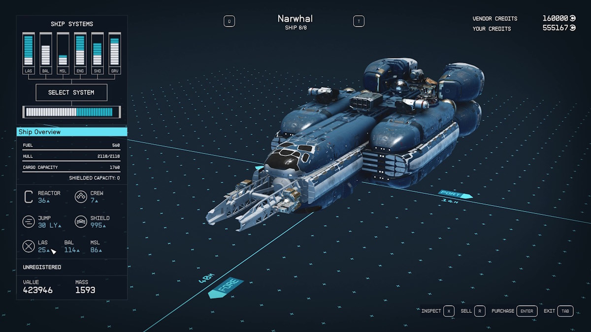 Where to get Narwhal class c spaceship in Starfield edit menu