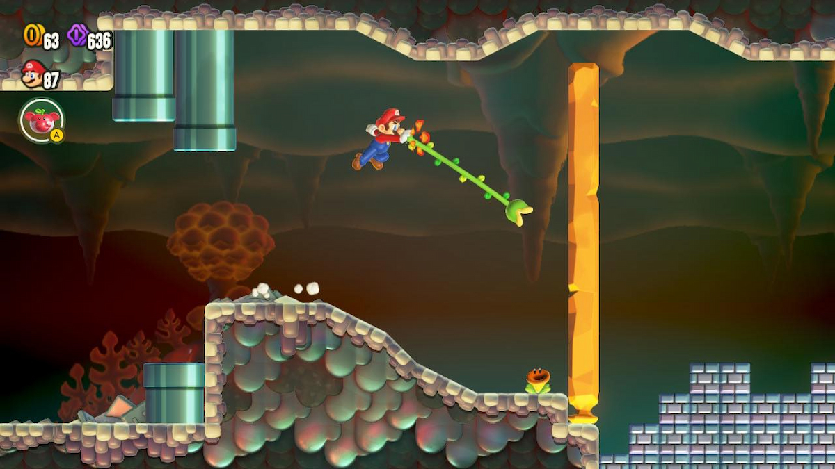 Mario using the Grappling Vine Badge in Super Mario Bros Wonder