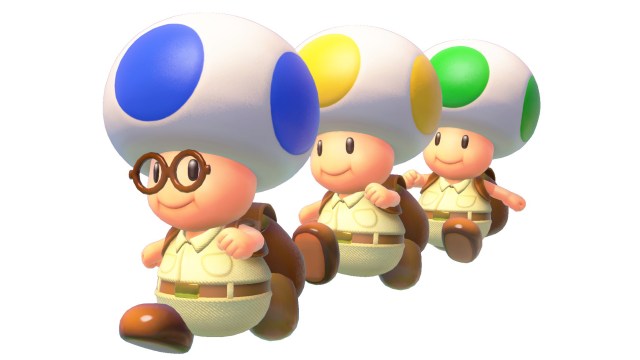 Captain Toad art showing three toads walking in line to left of screen. Blue toad in front, yellow toad second, and green toad last. 