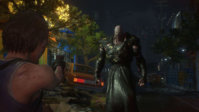 Jill valentine behind the shoulder staring off against Nemesis in Resident Evil 3 Remake