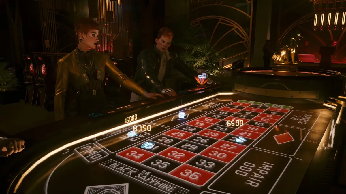 The hacker twins of Cyberpunk 2077: Phantom Liberty standing next to the roulette table.
