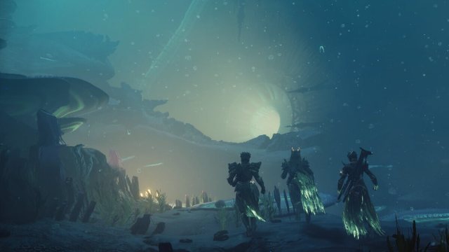 A promotional image for the Ghosts of the Deep Destiny 2 Dungeon, showing off Deep Sea exploration armor.