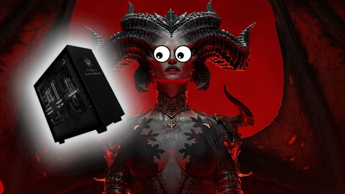 Diablo 4: Lilith mit großen Cartoon-Augen blickt auf ein PC-Gehäuse.